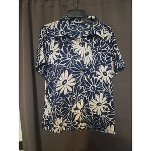 Alfred Dunner Floral Blouse, Women's Size 18 Button Down,‎ Navy Short Sleeve Top